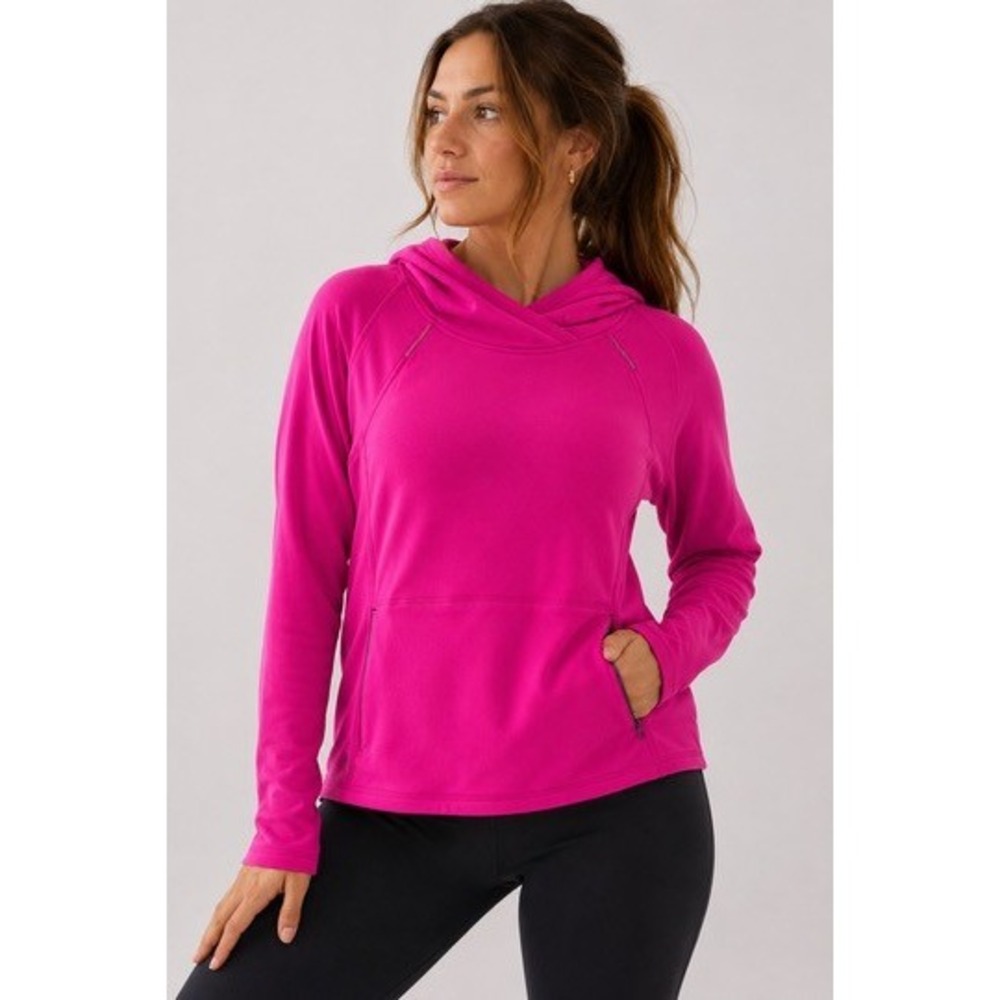 Athleta Pink Polartec Power Stretch Hoodie Zippered Pocket Thumbholes 930287